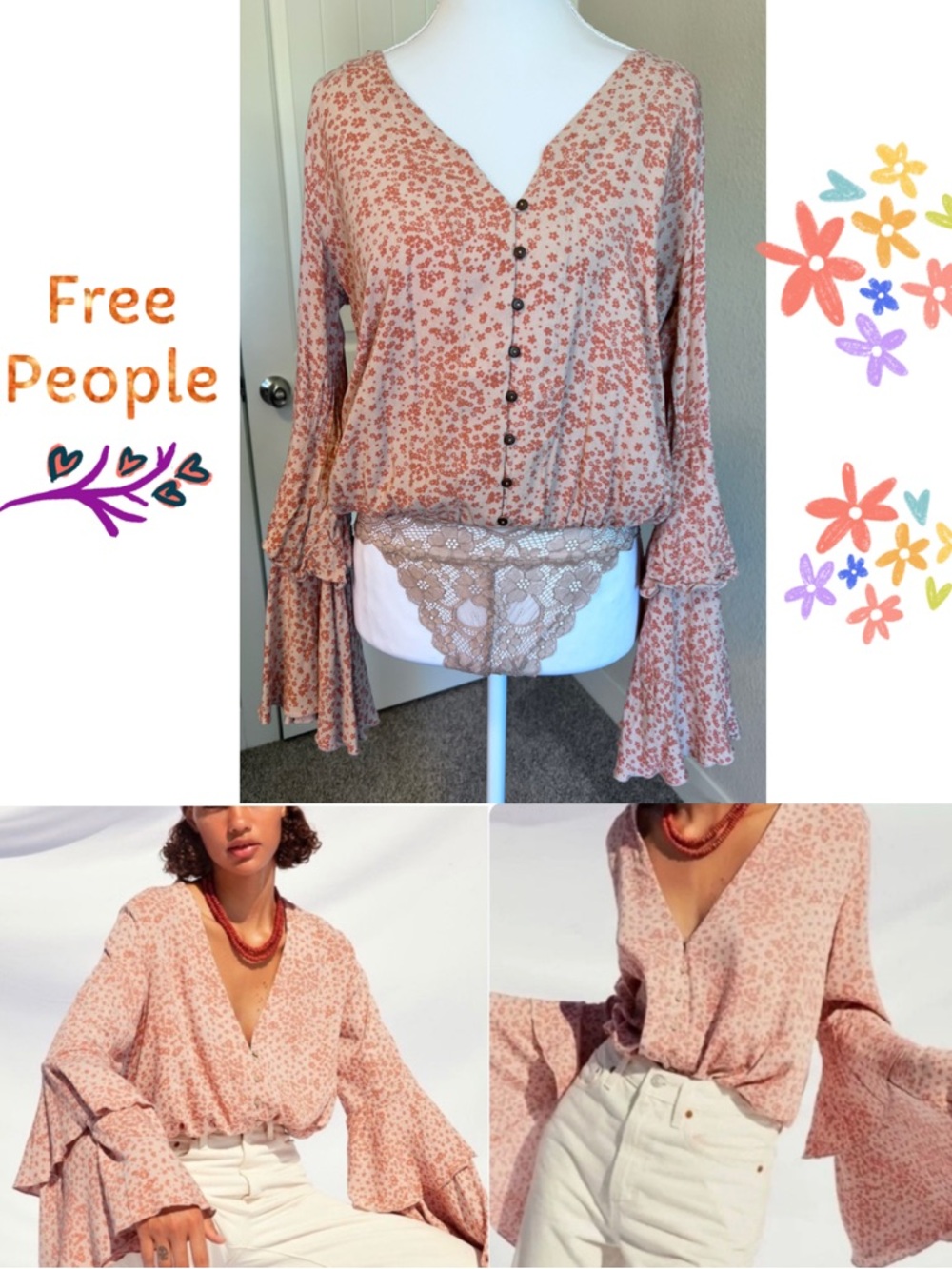Free People She's Ditsy Daisy Wide Sleeve Bodysuit Size XS